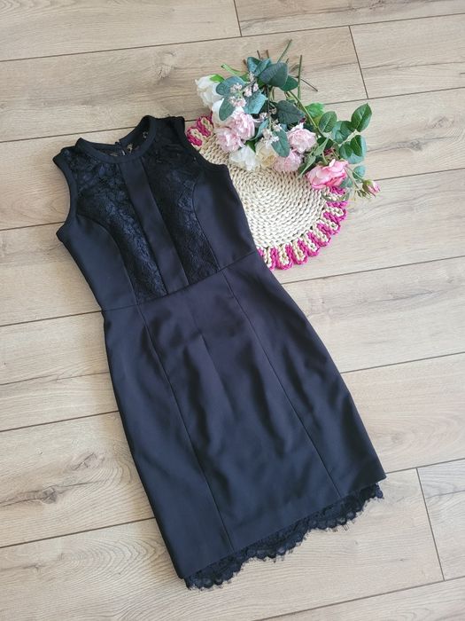 Sukienka czarna H&M 34 xs Mała czarna koronka business look biuro wese