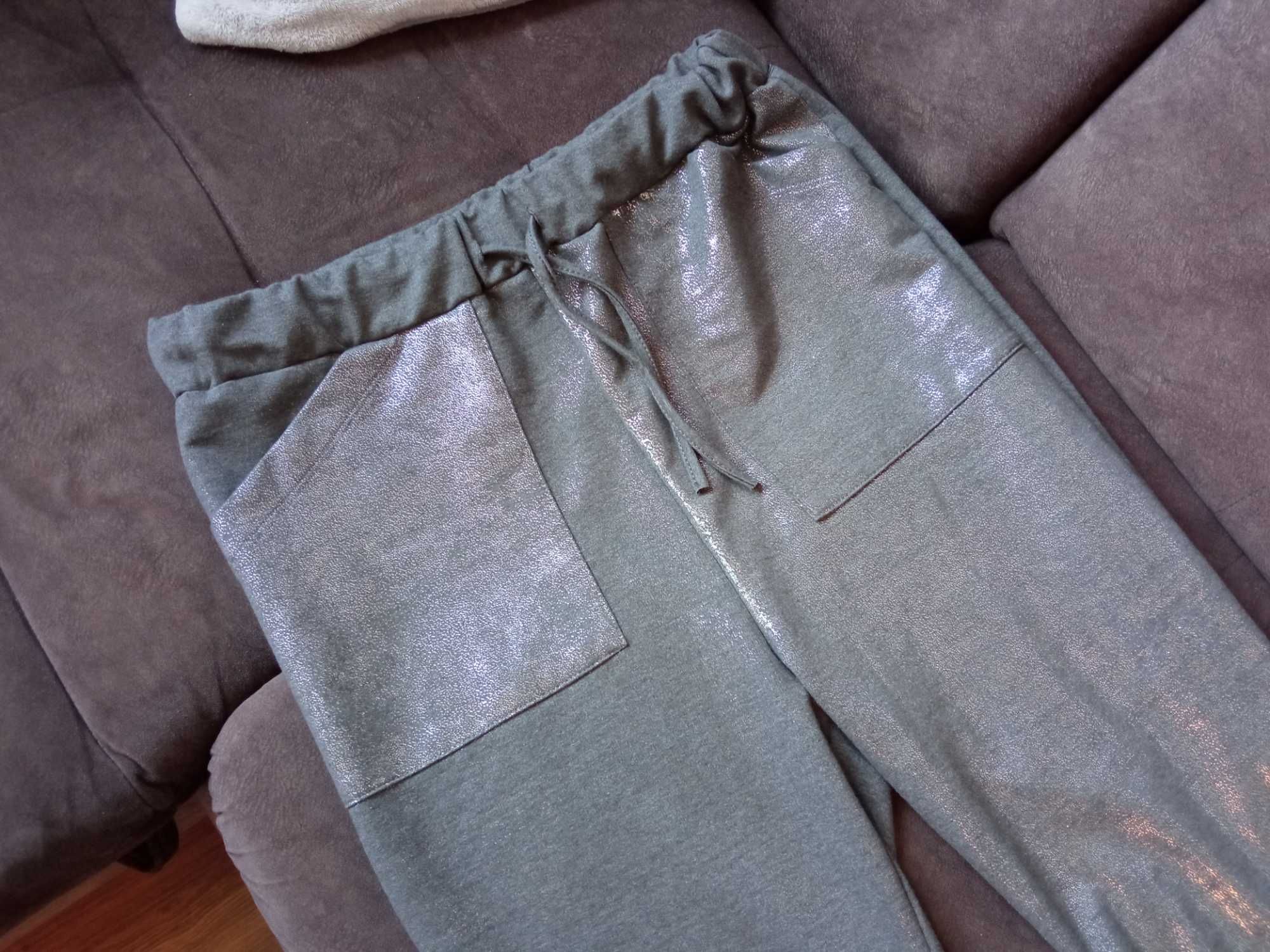 Spodnie dresowe srebrne,szare, glamour, błyszczące r. L/XL,wysoki stan