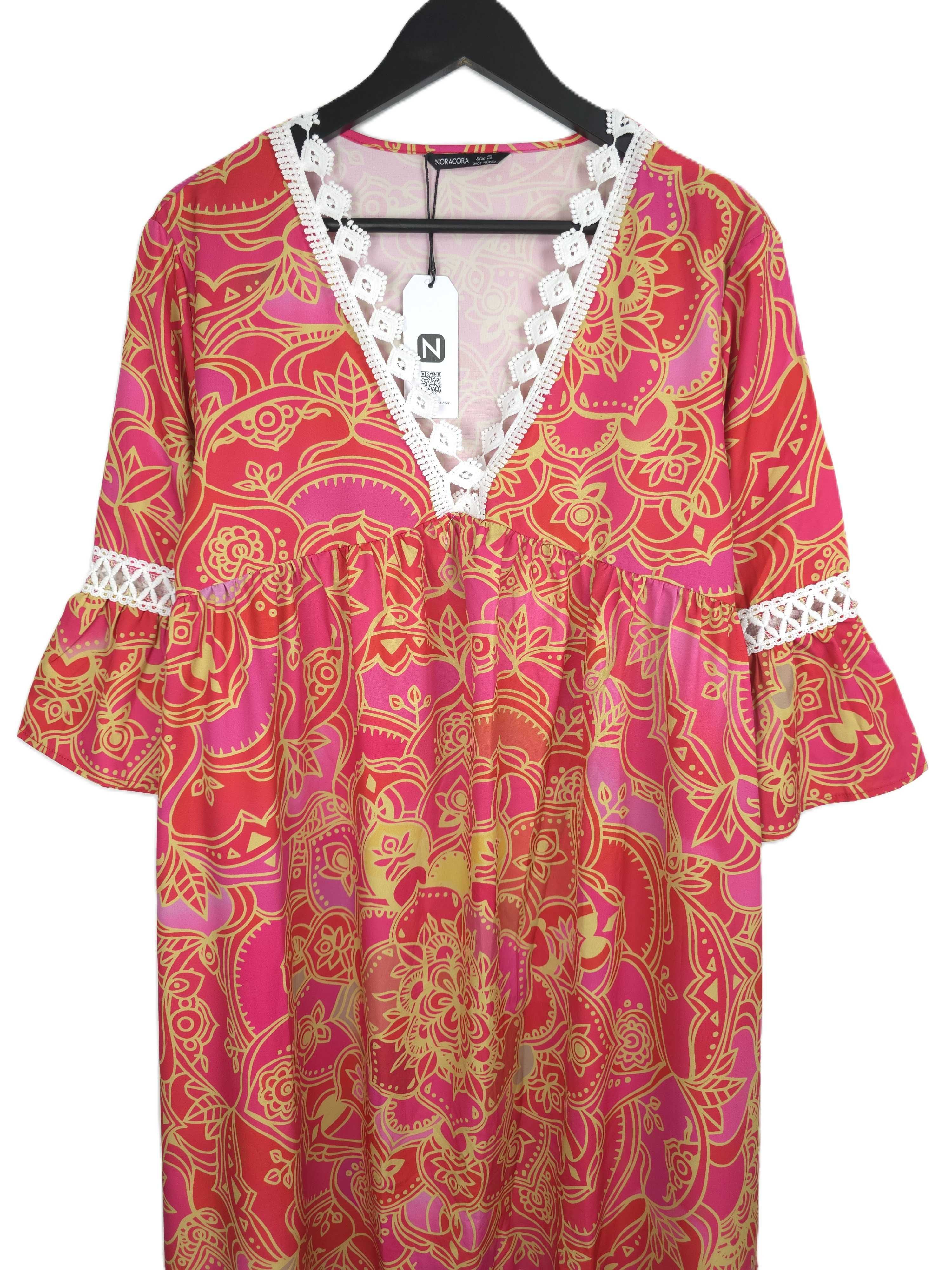 Czerwona oversizowa luźna sukienka wzór boho etno hippie M 38
