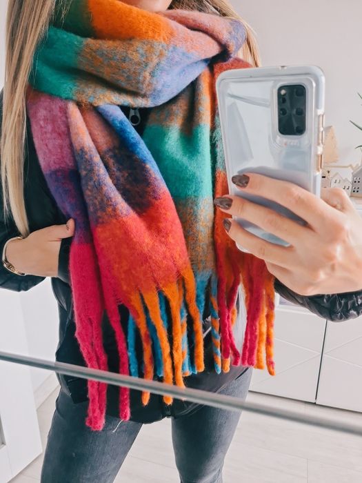 Piękny szal mega gruby miękki krata jesienny milutki zimowy kolorowy