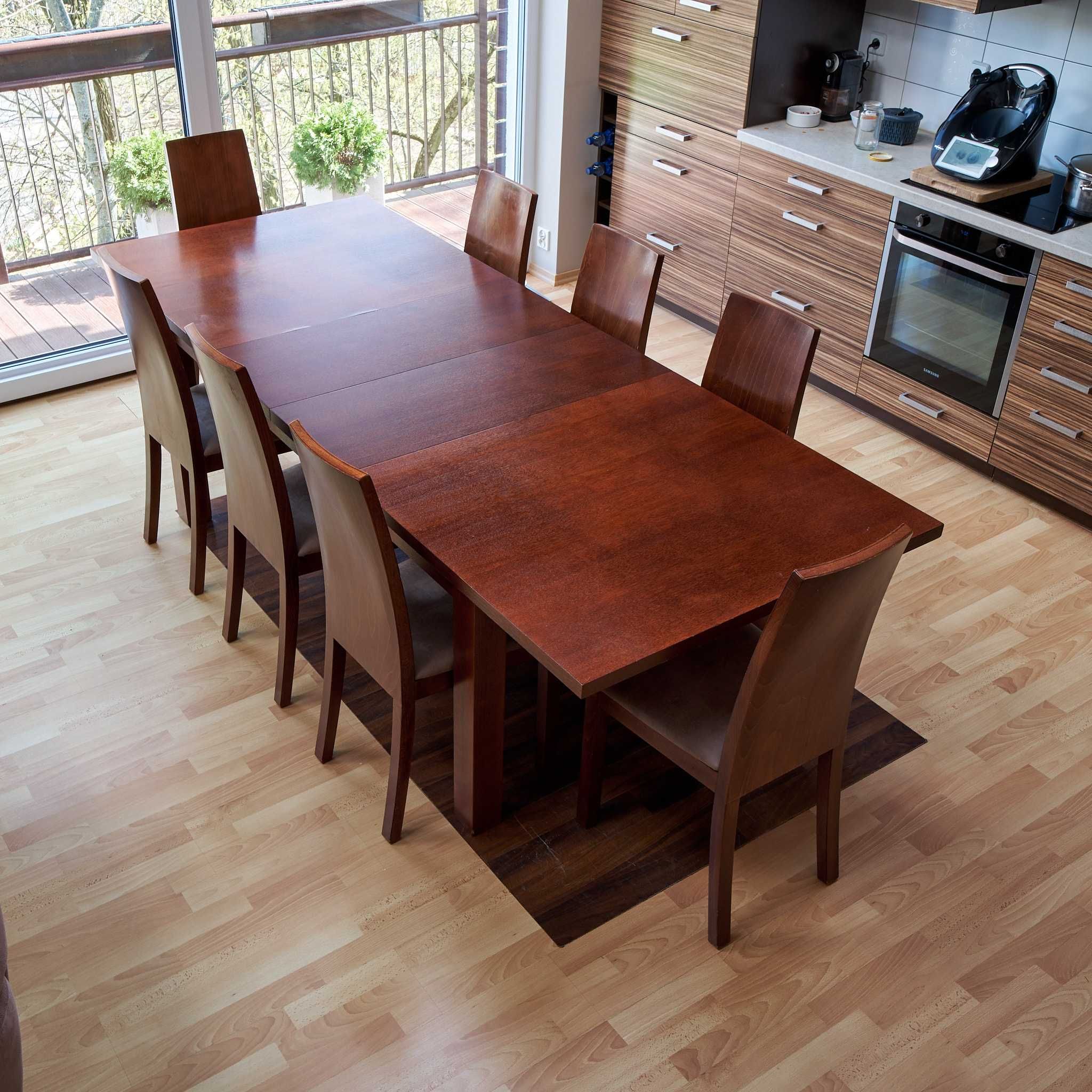 Stół szer. 100 dł. 180/220/260 solidny, okleina naturalna + 8 krzeseł