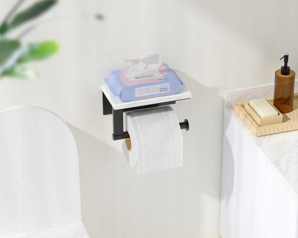 Uchwyt na papier Loft Toaletowy z półką Czarny WC Biały marmurek