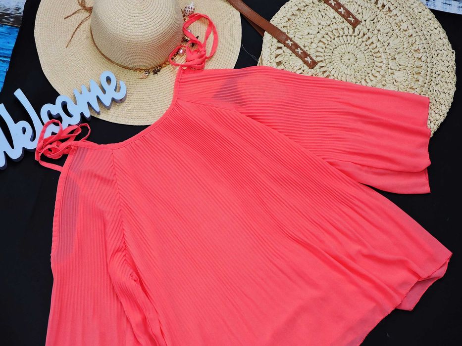 Italy Koralowa bluzka plisowanie wycięcia ramion L/XL