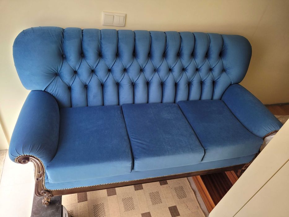 Sofá 3 Lugares Veludo Azul Novo