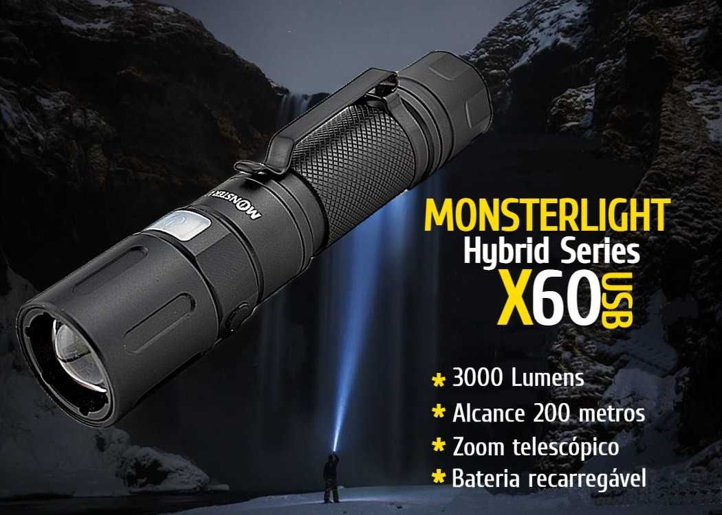 Kit lanterna tática MonsterLight X60 com bateria recarregável