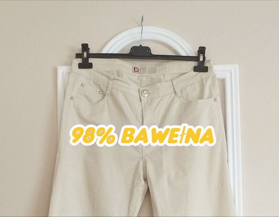 Spodnie damskie kremowe z bawełny prosta nogawka L XL eleganckie