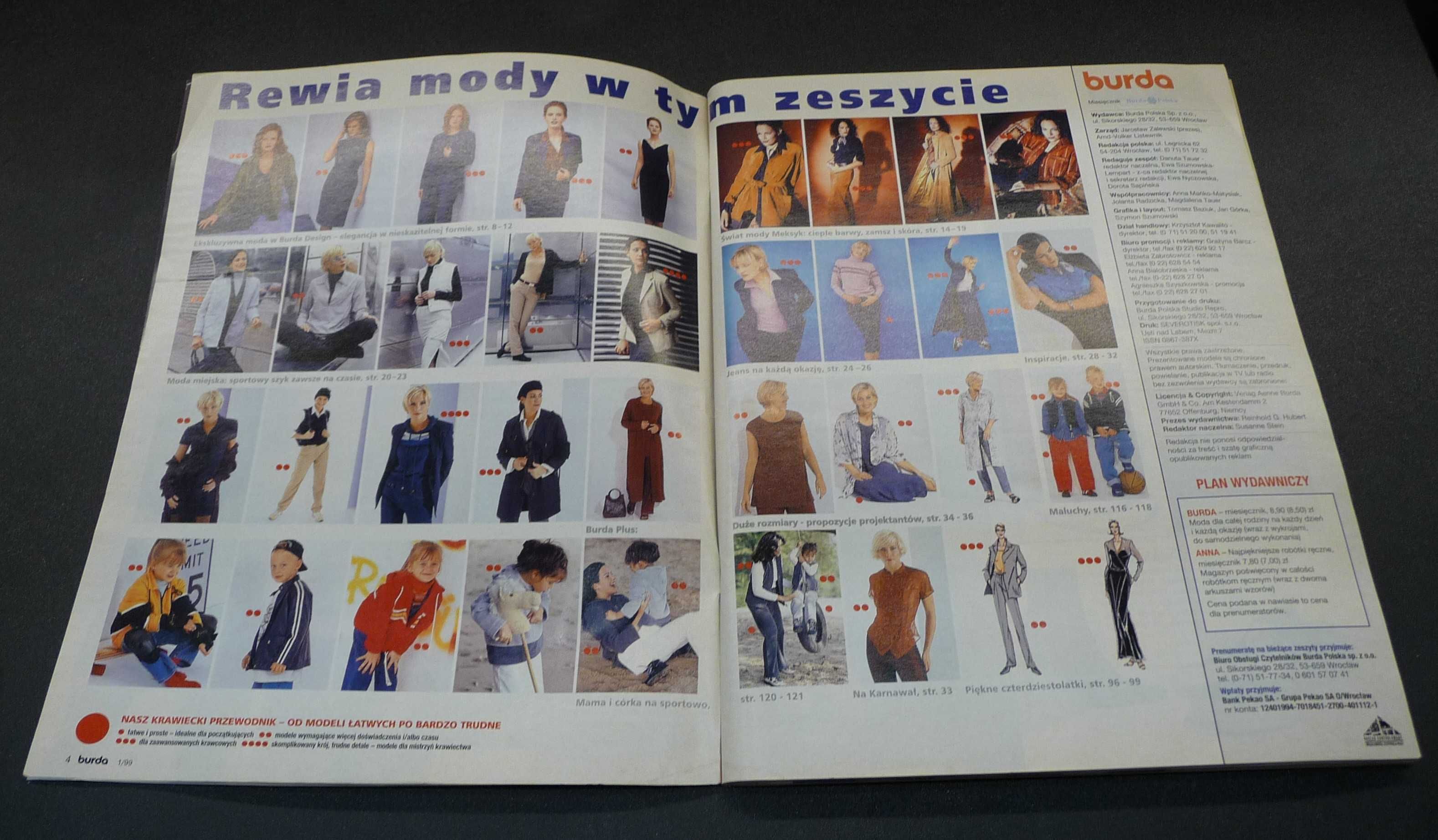 Burda 1/1999. Moda, wykroje krawieckie, krawiectwo, szycie.