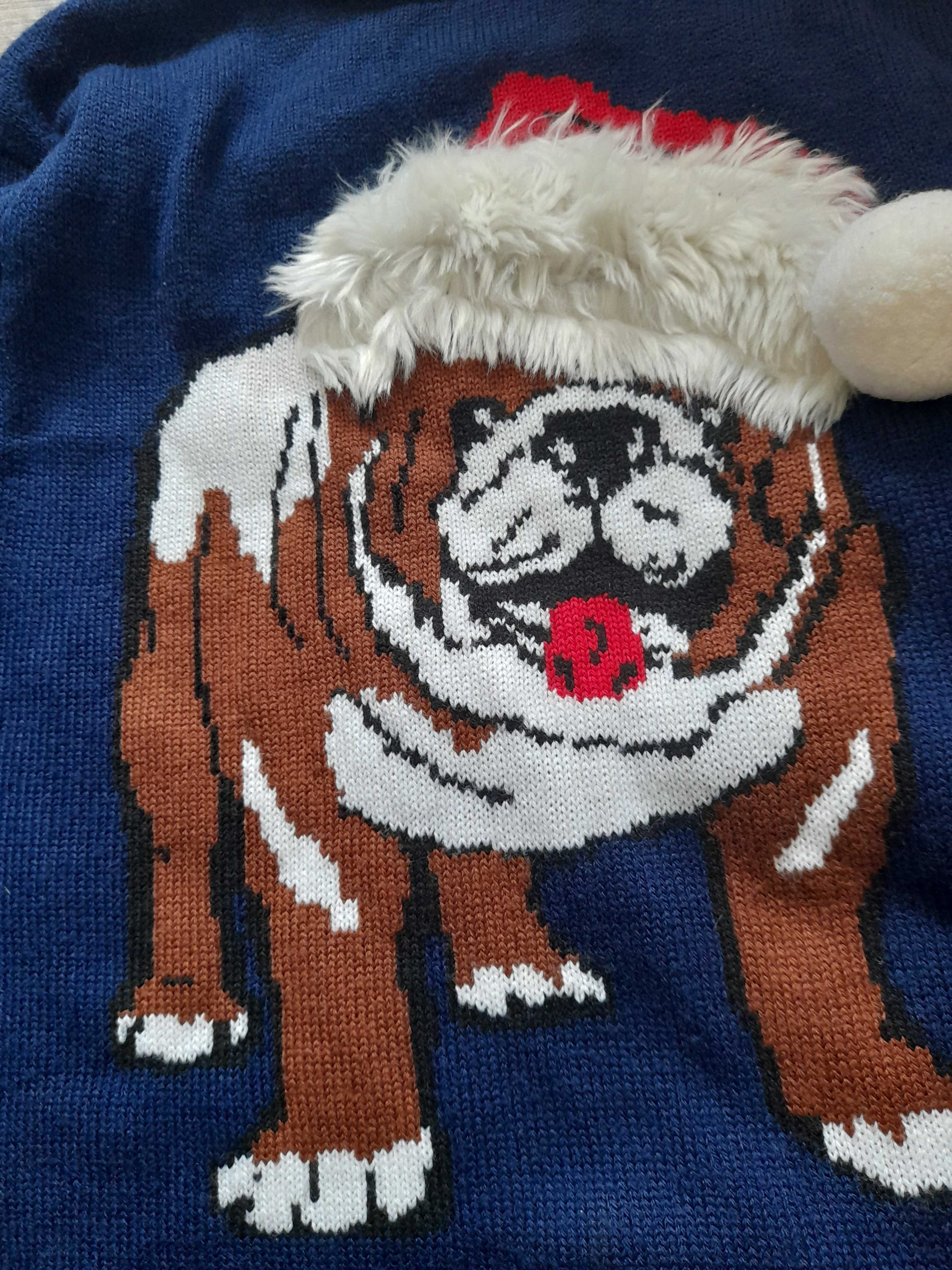 ŚWIĄTECZNY sweter z psem w czapce mikołaja z futrem,Santa Paws r.S