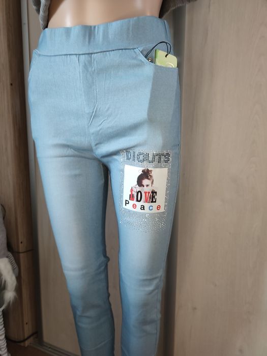 Legginsy damskie firmy Eleuek roz L, jasnoniebieski  z aplikacją i cek