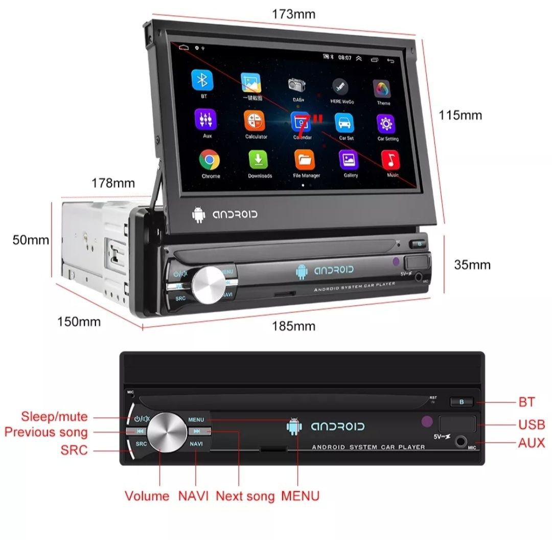 Radio 7" Gwarancja Android, 1DIN Wysuwane, Dotykowy ekran,USB,Pilot