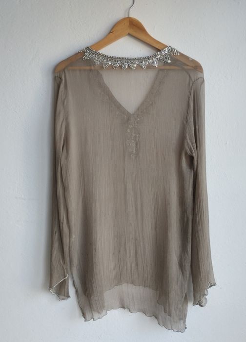 Długa bluzka narzutka na top bluzkę z jedwabiu 100% brązowa M/L luźna