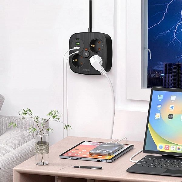 Tech-Protect Pcs3X4 Power Strip 2 Usb & 2 Type-C & 3 Socket 200Cm Blac