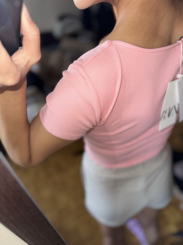 Zara różowy crop top do pasa w prążek głeboki dekolt serce M róż