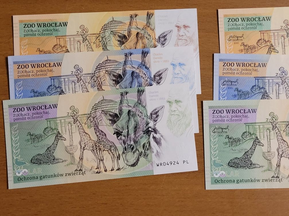 Banknoty kolekcjonerskie Zoo Wrocław ZOOLAR dwa różne warianty