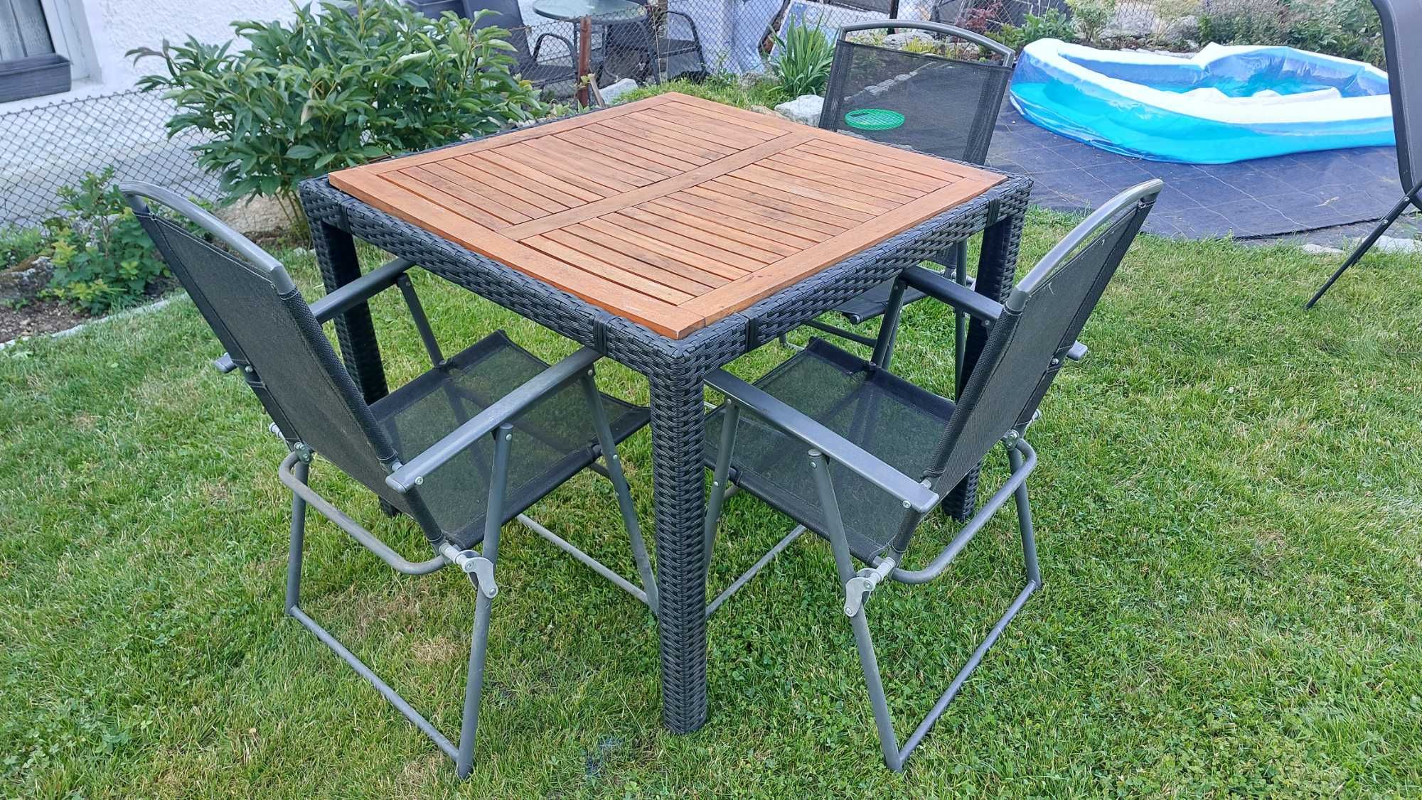Stół rattan drewno  + 3 krzesła