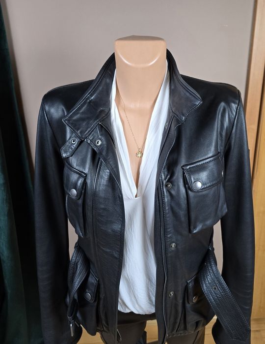 BELSTAFF damska skórzana kurtka czarna ramoneska z paskiem