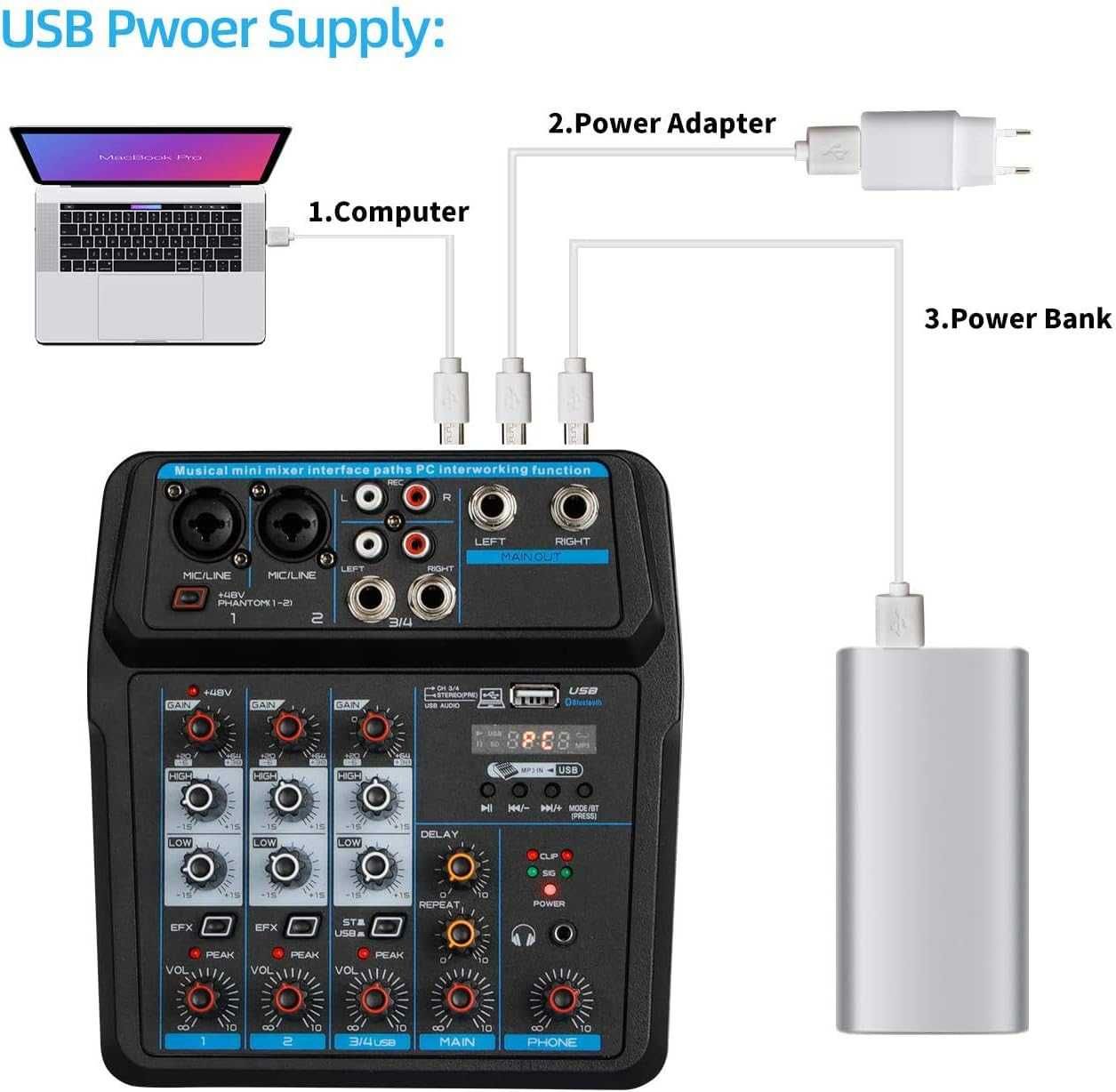 Depusheng U4 przenośny mini 4-kanałowy mikser audio USB BT