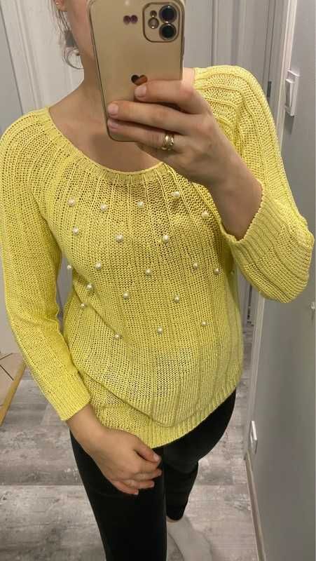 Sweter damski bluzka damska ażurowa żółta z perełkami na przodzie, r L