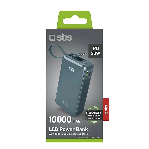 Powerbank SBS 10000 mAh 20W z wbudowanym kablem USB-C i wyświetlaczem