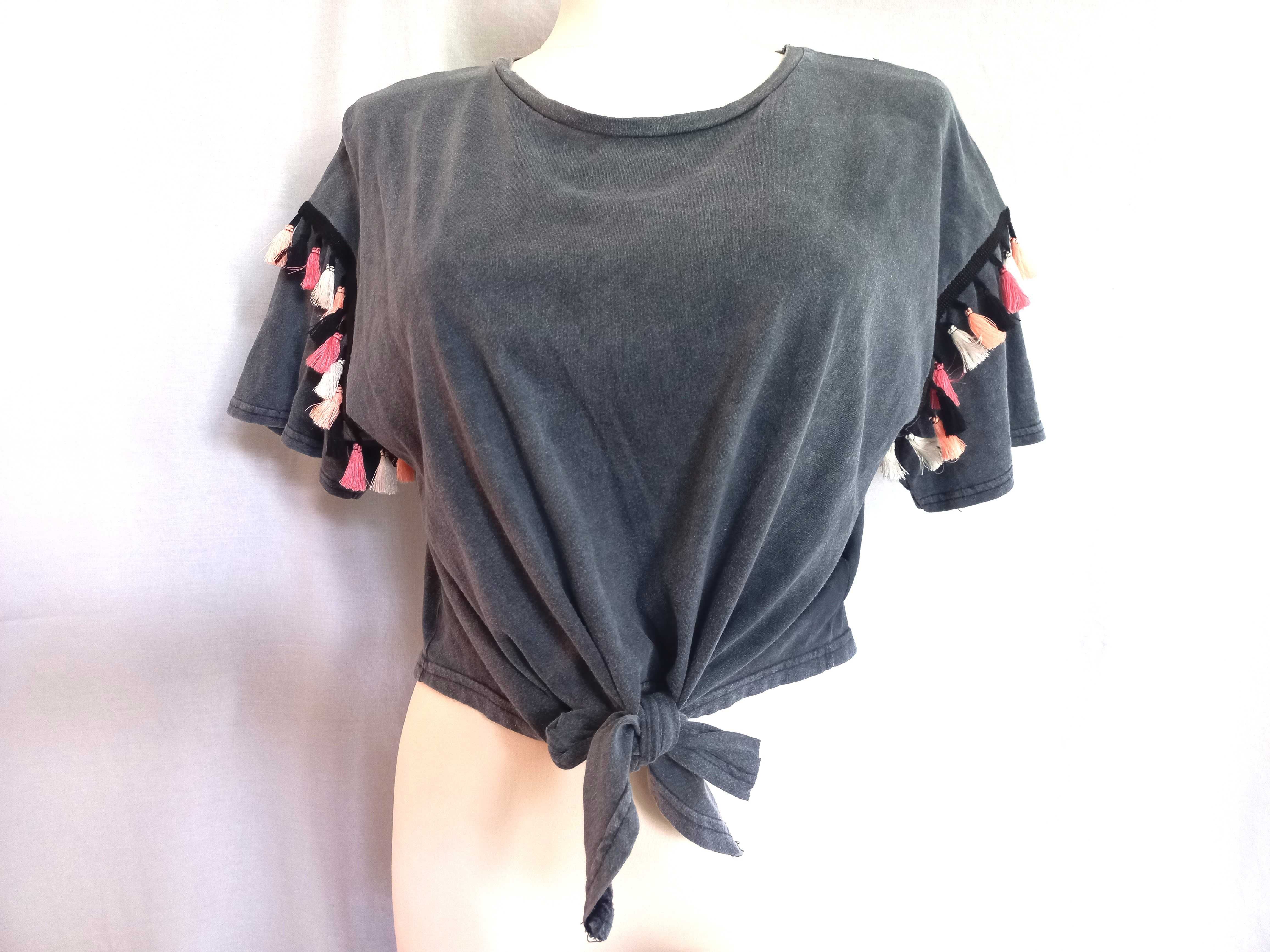 Bluzka wiązanie T-shirt frędzle SZARA r. 40/42 Primark stan bdb-