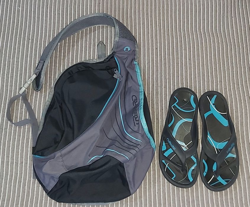 Conjunto natação, mochila e/ou chinelos tam 37, da Decathlon, novos