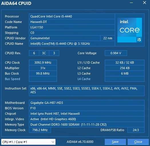 CPU Intel Core i5-4440 SR14F 3.1 GHz