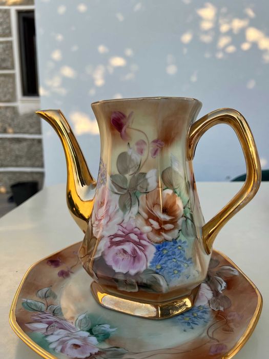Conjunto bule e prato LIMOGES dourado PINTADO À MÃO
