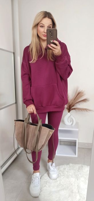 Dres komplet śliwkowy bluza ocieplana legginsy 100% bawełna