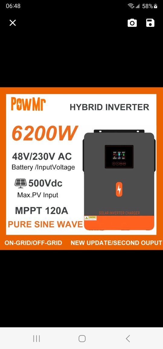 Сонячний гібридний інвертор 6,2квт, батарея 48 або 51,2 вольт.