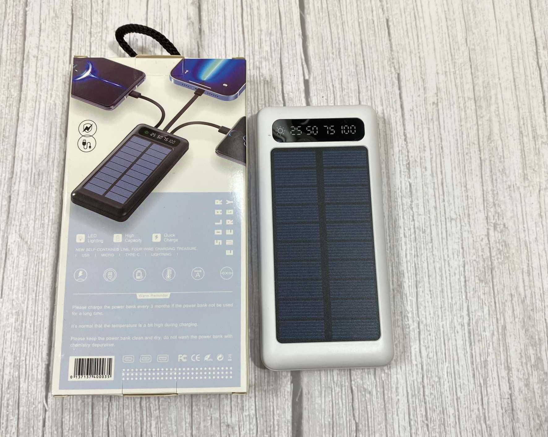 Повербанк 10000 USB type-c, ліхтарик, сонячна панель, з кабелями