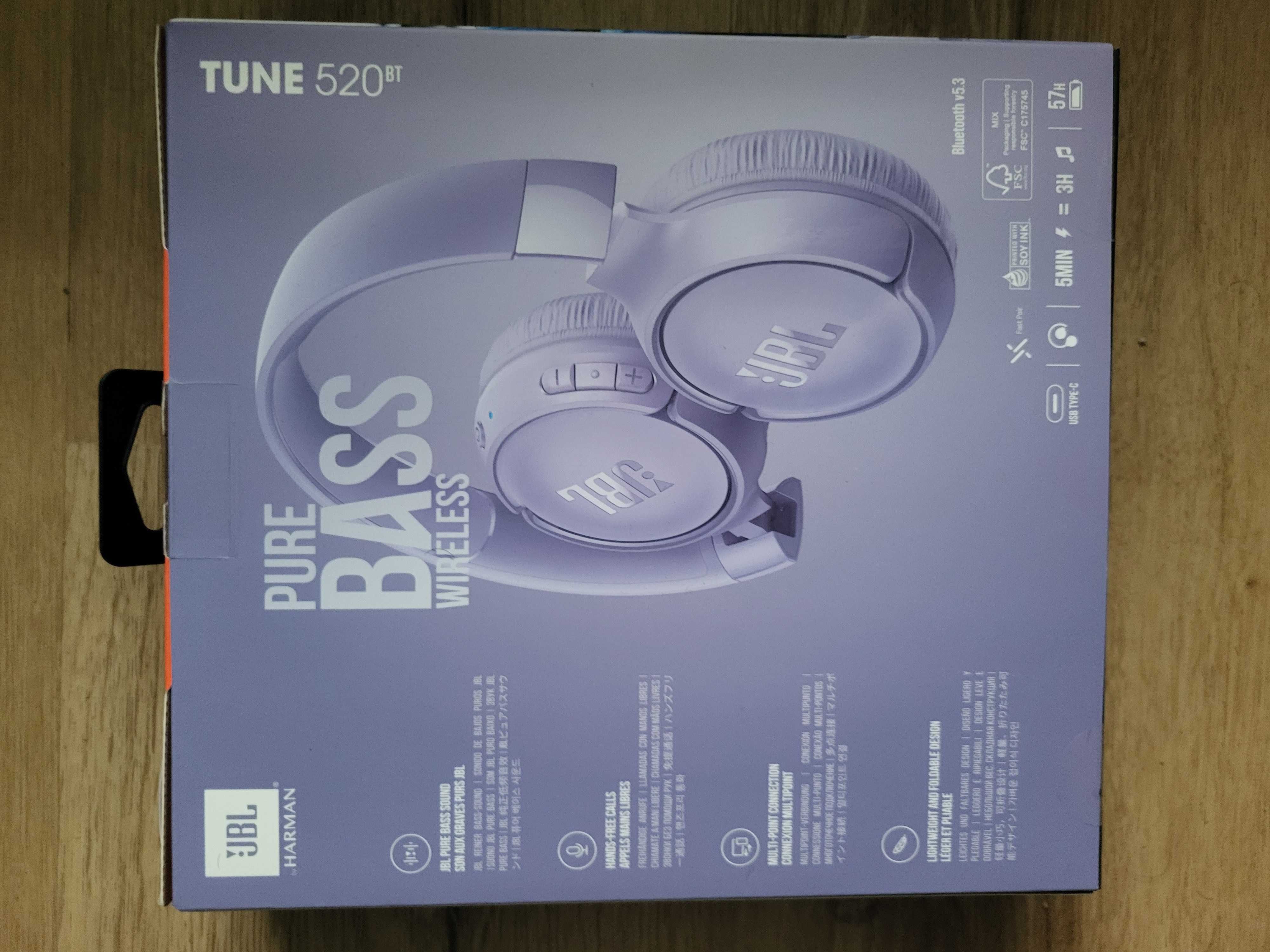 Nowe Słuchawki nauszne JBL Tune 520BT fioletowe pure bass bluetooth