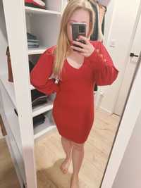 Nowa czerwona sukienka z bufiastymi rękawami, krótka sweterkowa sukien