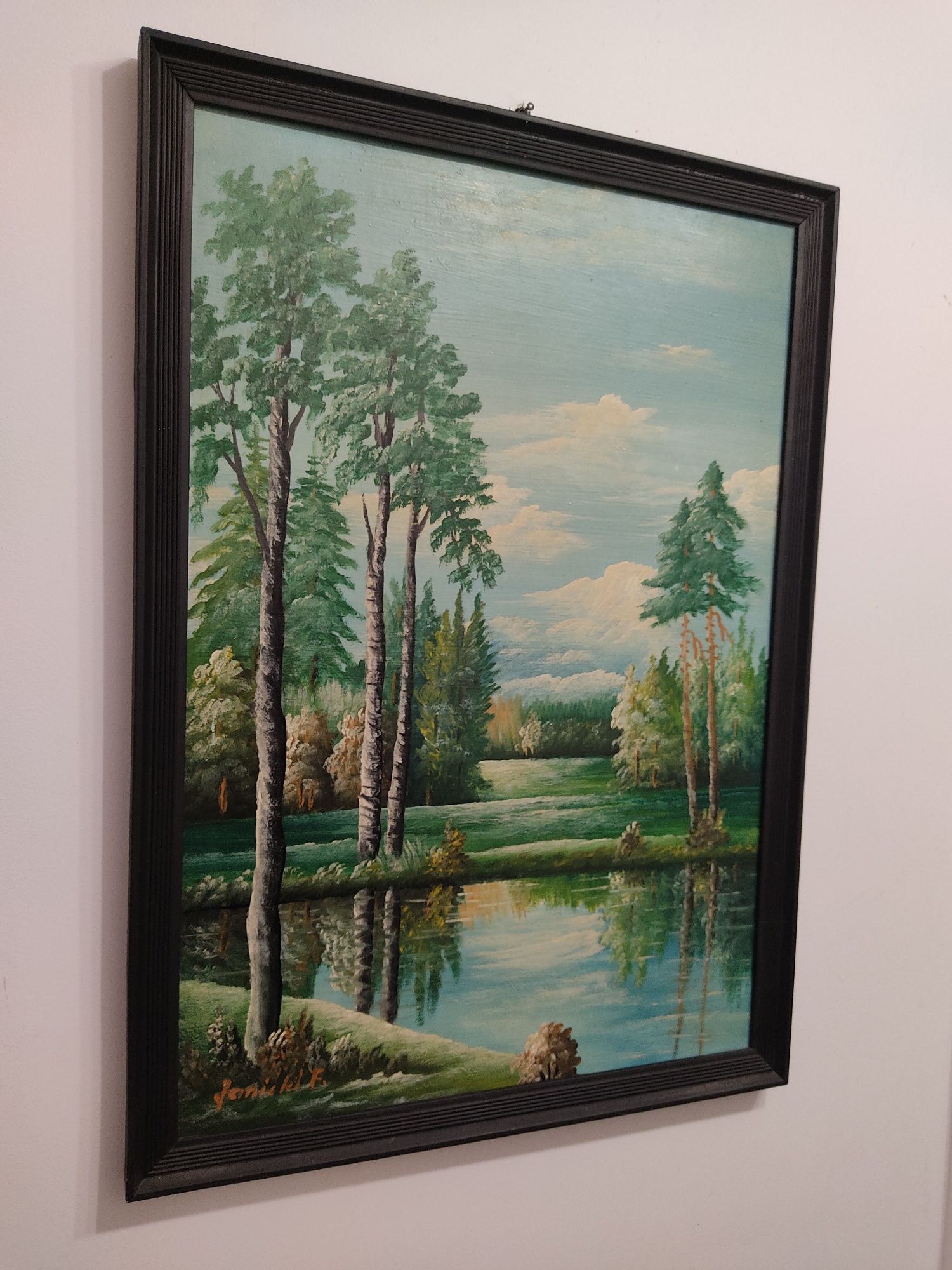 F.Janicki"Pejzaż z rzeką"-przepiękny obraz olejny na płycie!