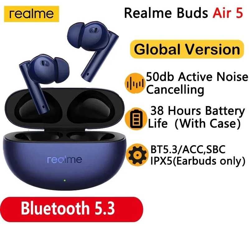 ⇒ Realme Buds Air 5 - наушники с BT5.3, ANC 50 dB, IPX5, 6mic, 7/38ч