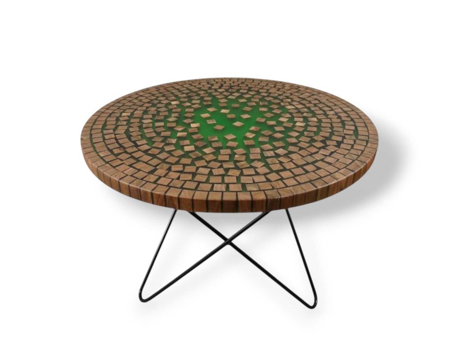 Stolik kawowy "Bricks" 60cm | dąb | dębowy okrągły | żywica zielona