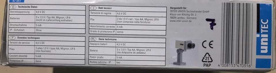 Atrapa kamery UNITEC 47051 z czujnikiem ruchu i diodą LED