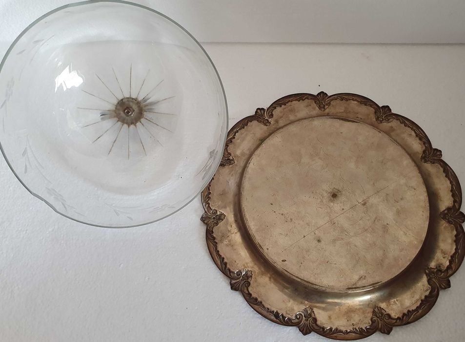 Queijeira vintage, estanho/casquinha/vidro antigo