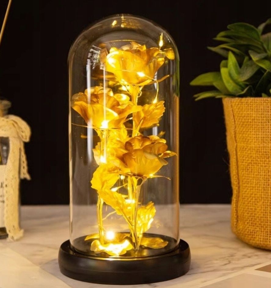 Kryształowa wieczna róża LED prezent złota