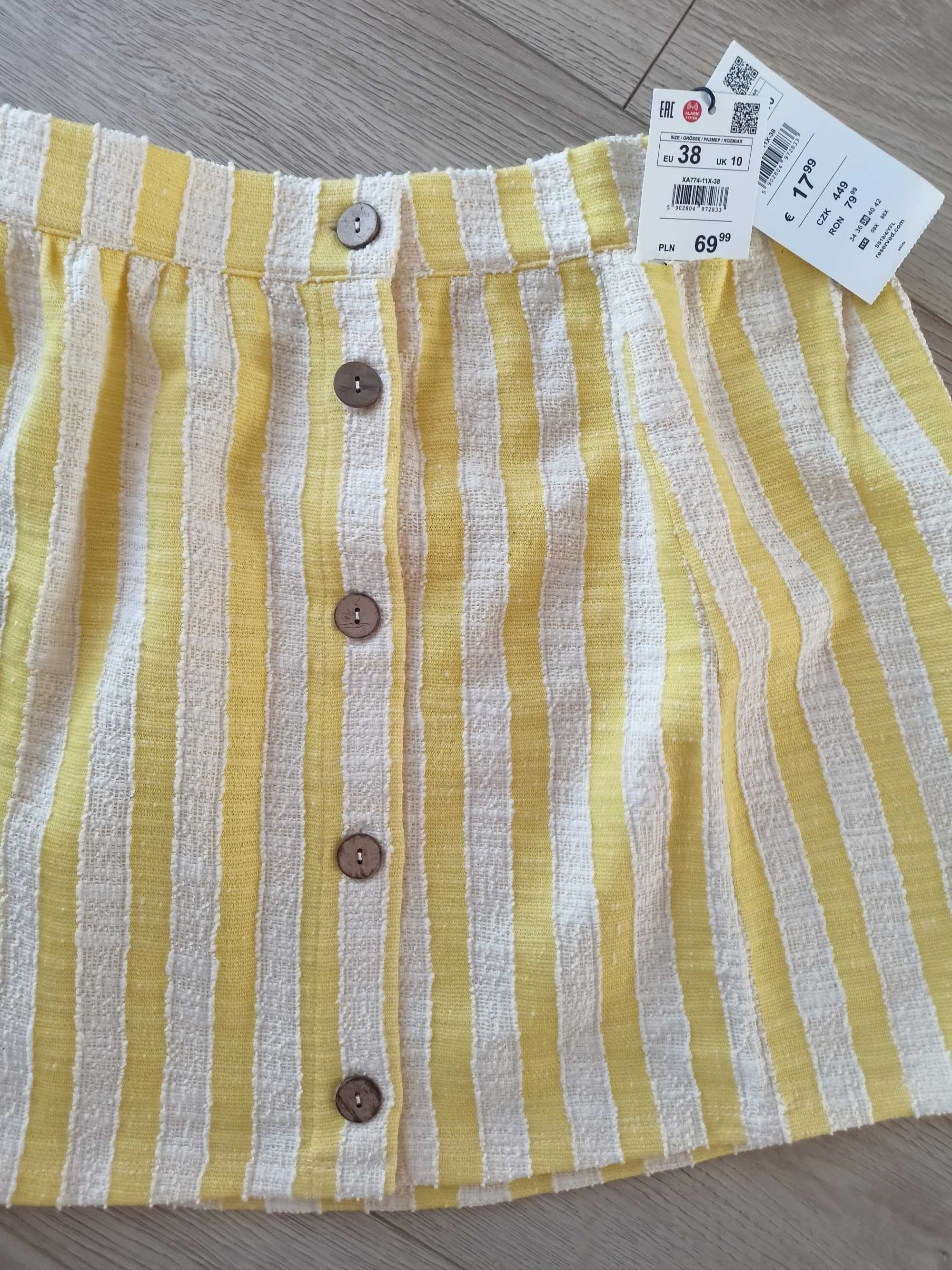 spódniczka mini spódnica w paski reserved żółta 38 M na guziki