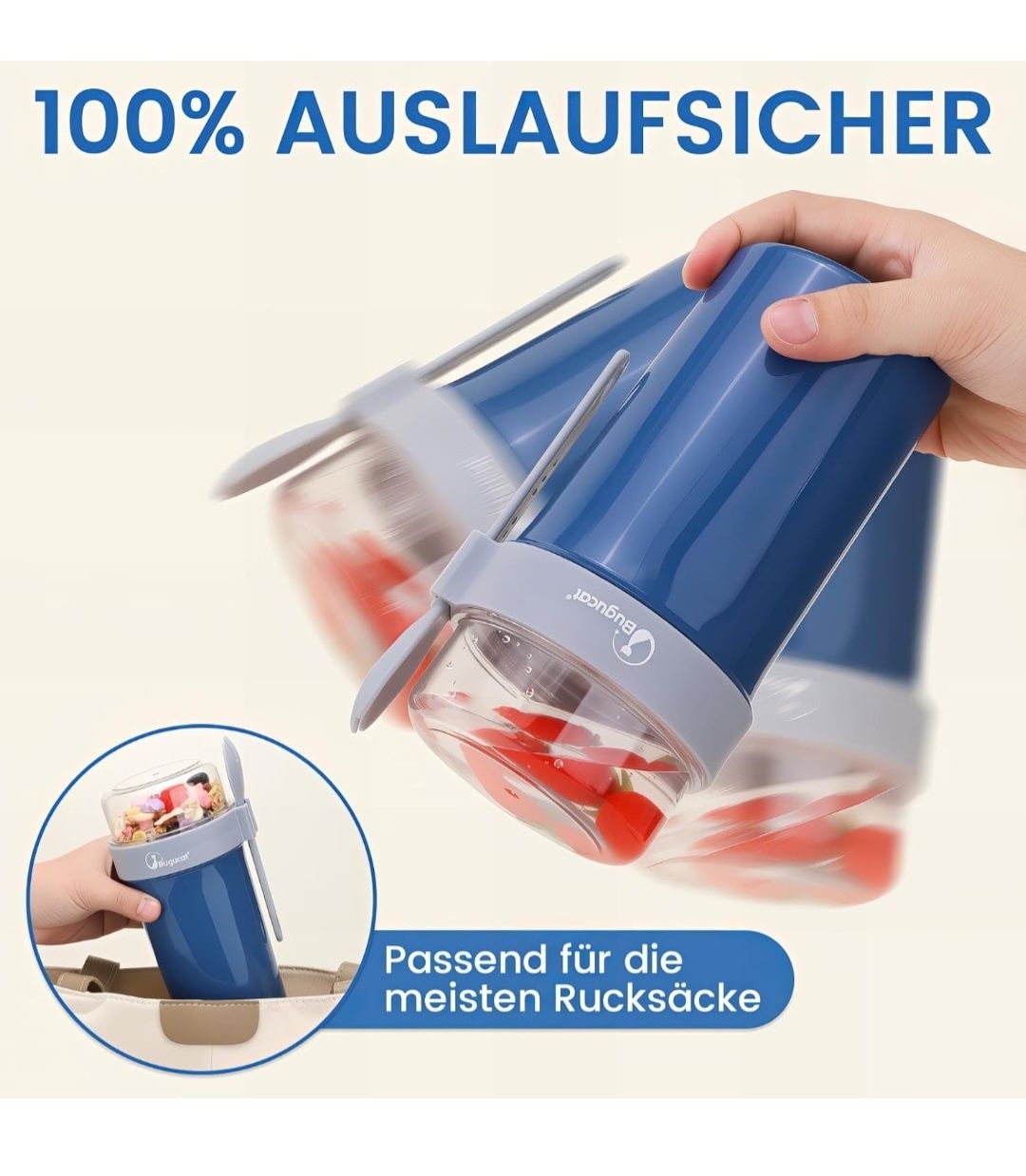Bugucat Kubek na musli to Go 760 ml + 230 ml, praktyczny kubek na lunc