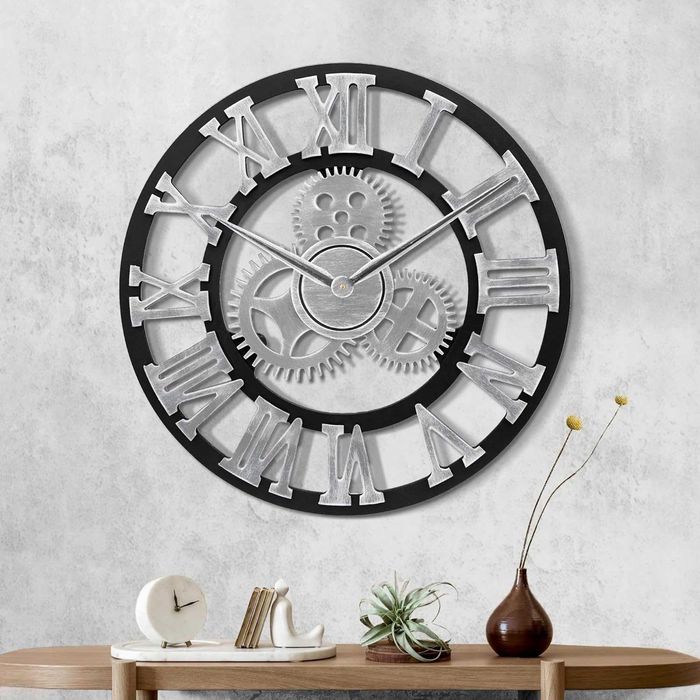 Lafocuse 58 cm drewniany zegar ścienny z przekładniami, srebrny