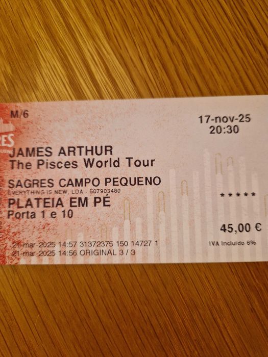 Bilhetes James Arthur Plateia 17/11