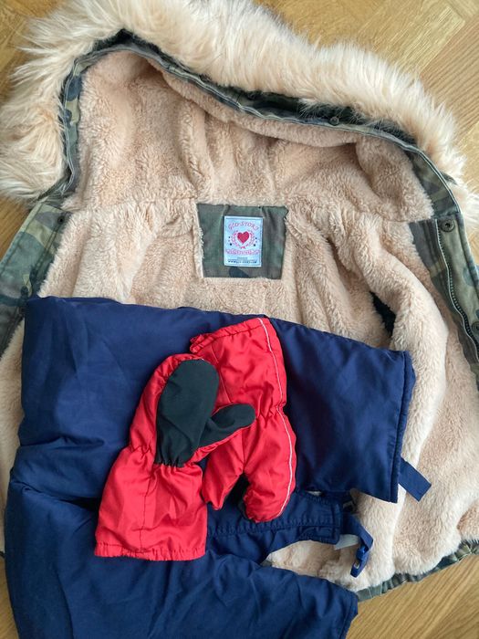 Kurtka zimowa i spodnie śniegowe 116 dla chłopca, rękawiczki
