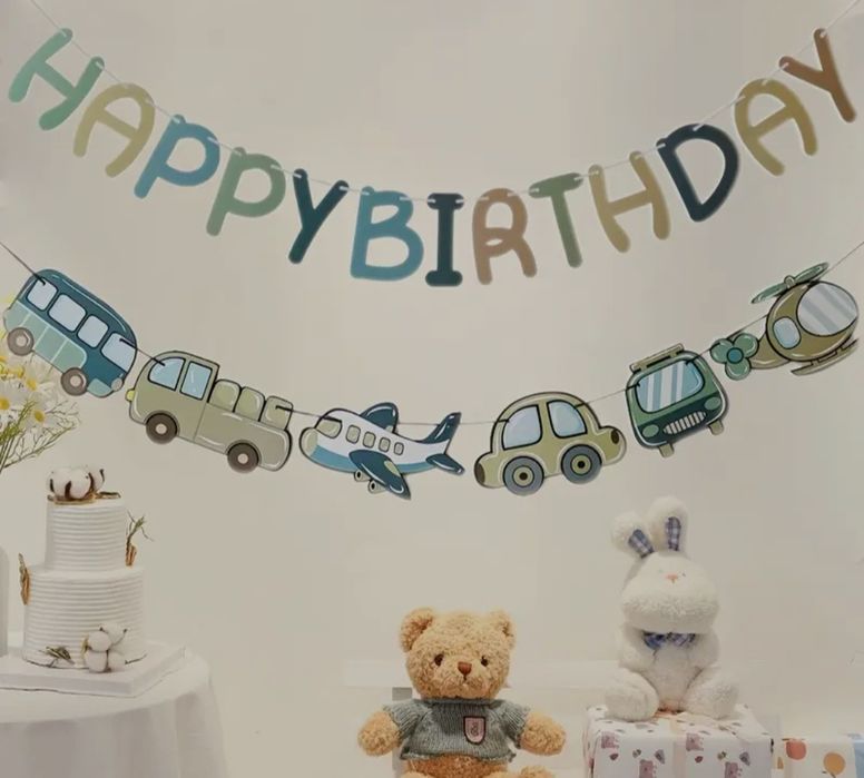 Urodzinowa girlanda niebieska Happy birthday z motywem pojazdów