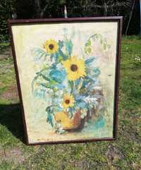 Obraz malowany kwiaty słoneczniki, drewniana rama 54x66 cm