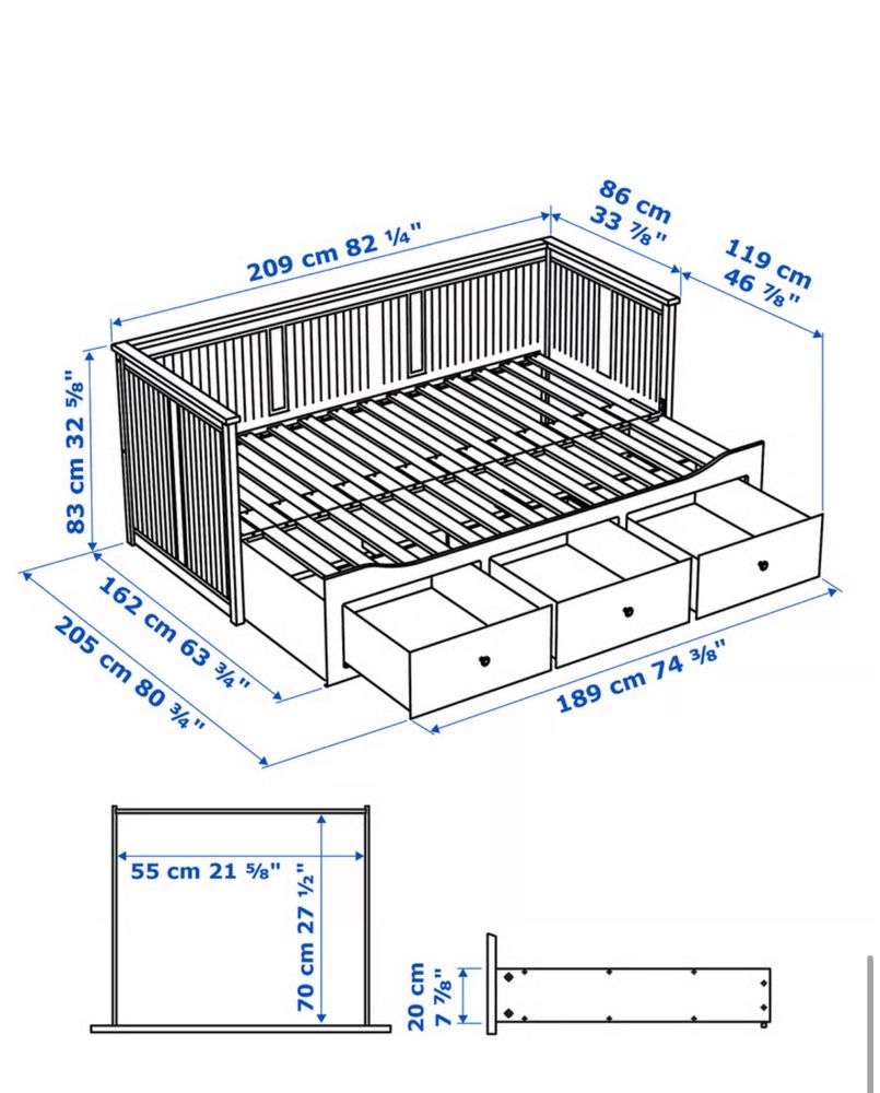 HEMNES Leżanka z 3 szufladami, 2 materace, szary