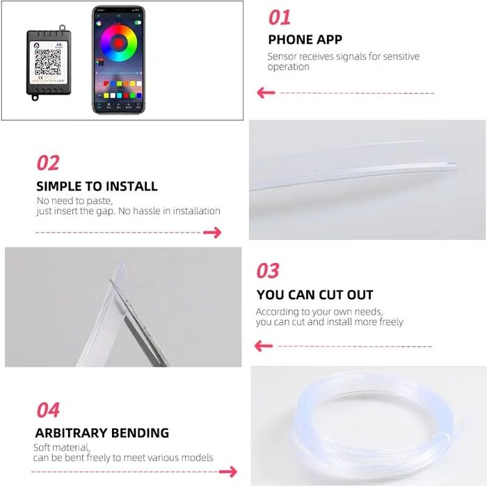 Fita led luz ambiente RGB néon 8M usb para interior do carro APP NOVO