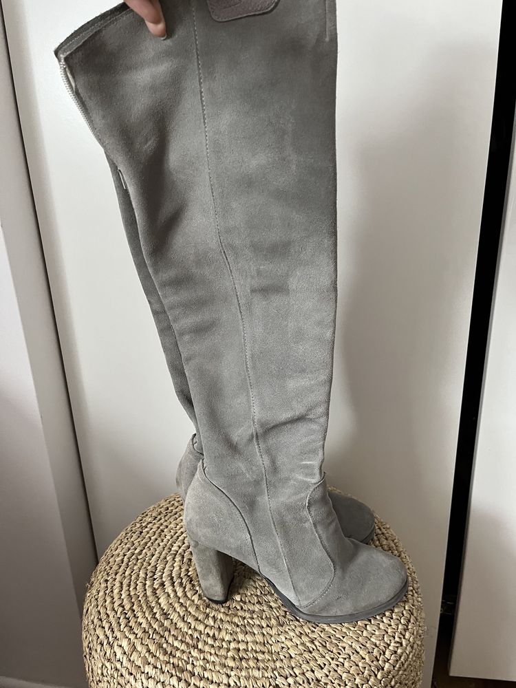 Buty kozaki zamszowe skórzane na słupku obcasie szare Beyco Pisarek 38