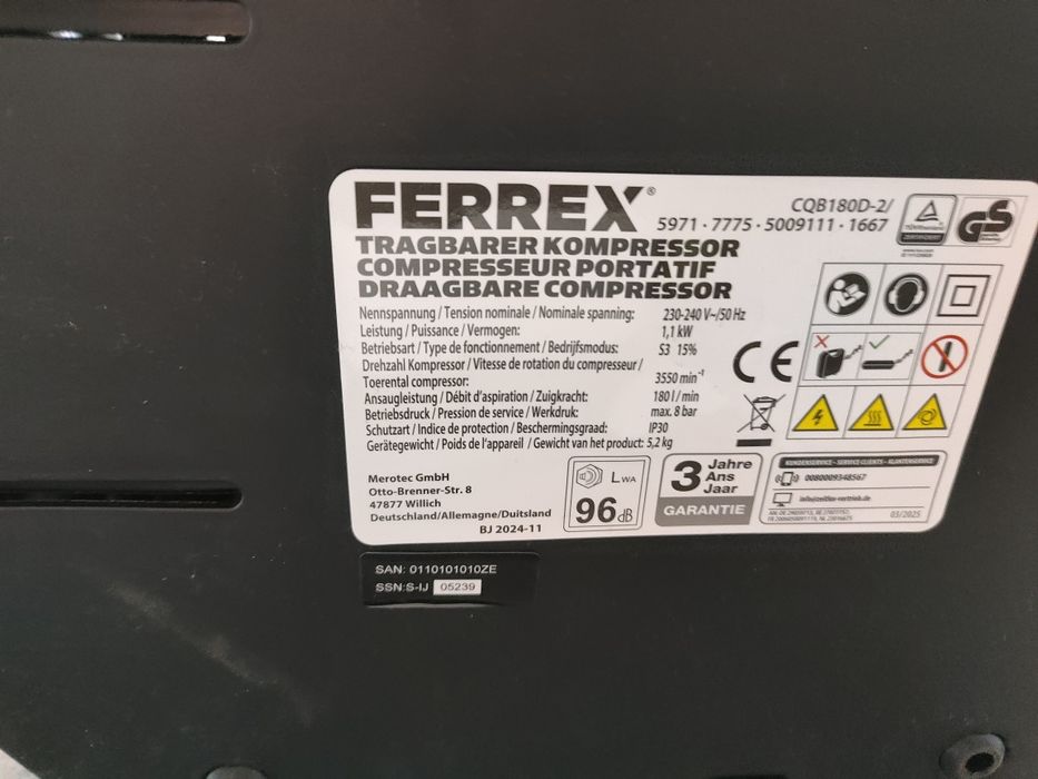 W2//Ferrex/ CQP180D2 Kompresor Bezolejowy/ Nowy