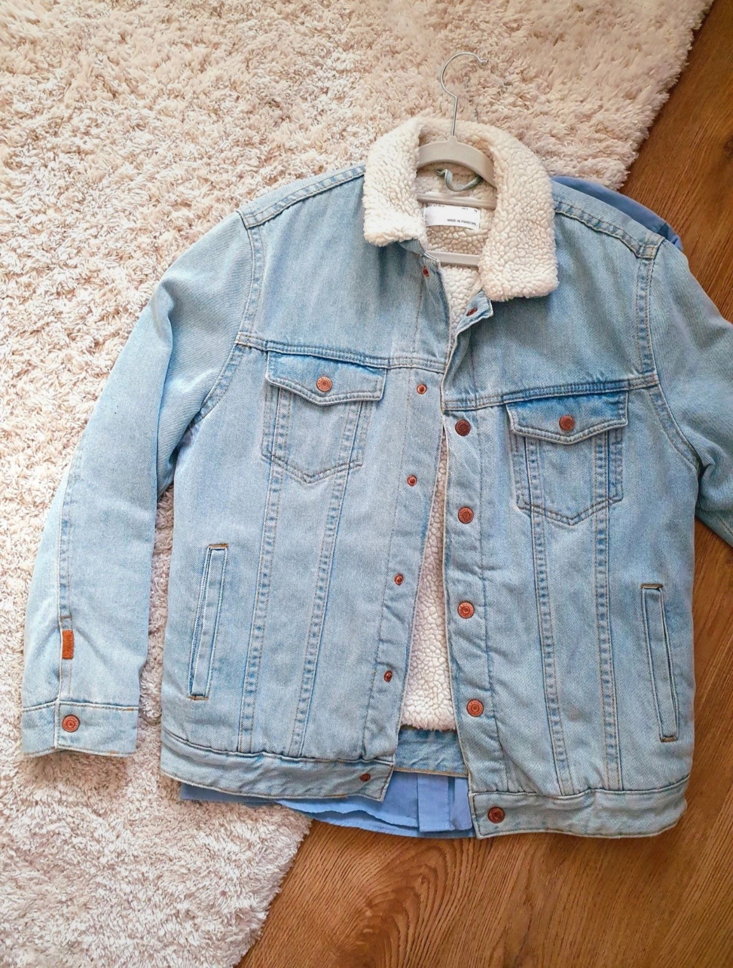 Kurtka bershka jeansowa sherpa jacket jasna amerykańska old style